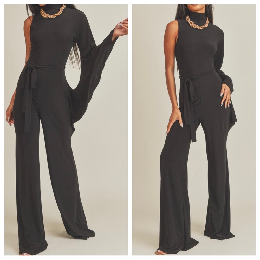 FABULOUS ONE SLEEVE WIDE LEG BELTED JUMPSUIT